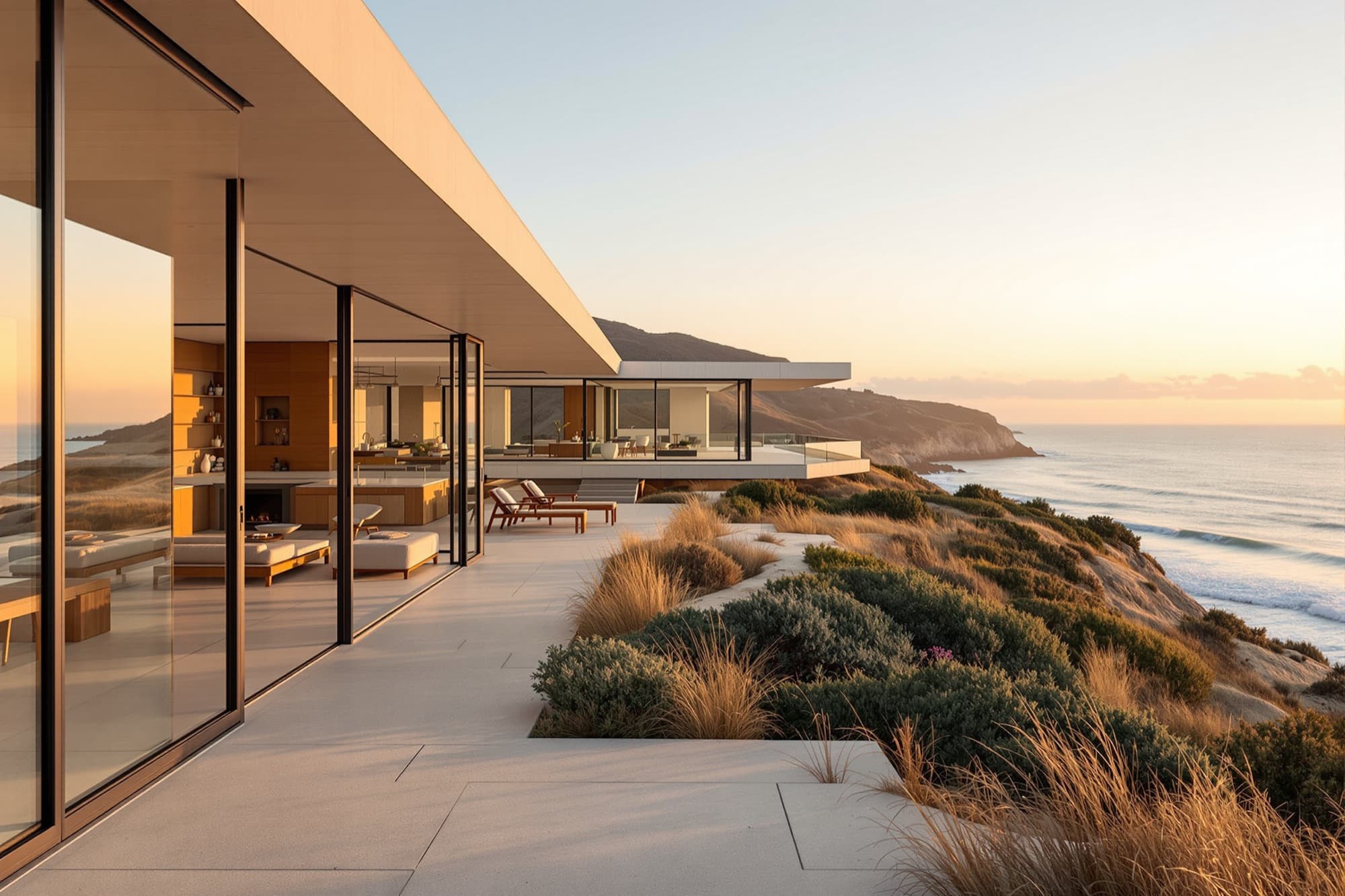 Modern Californian oceanfront residence on a bluff above the Pacific at golden hour