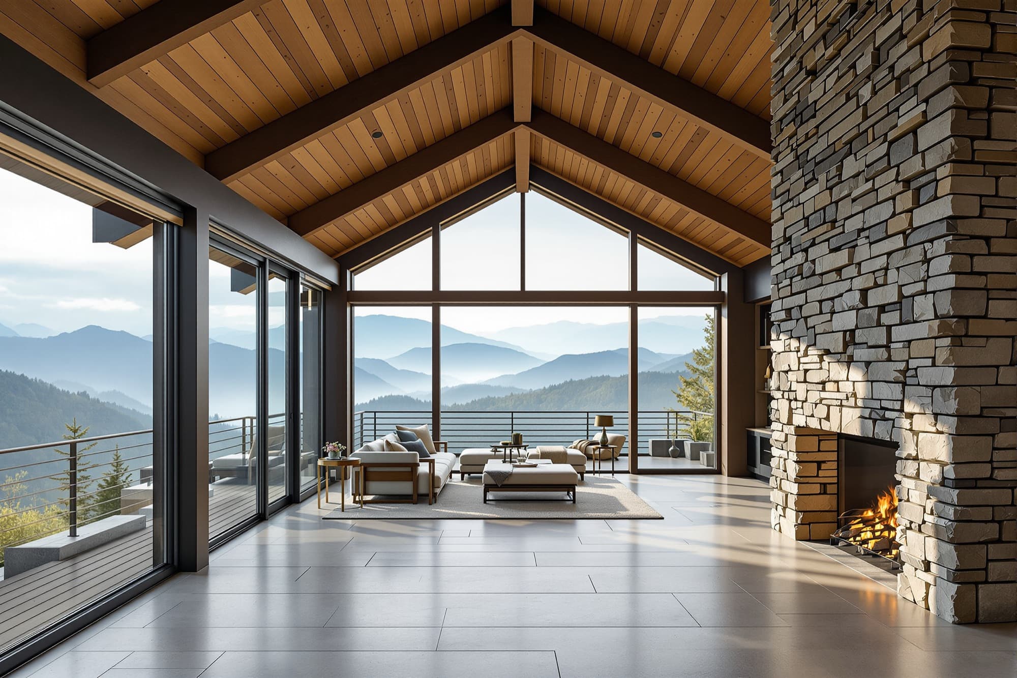 Modern Blue Ridge mountain lodge in stacked stone and dark timber above layered ridges