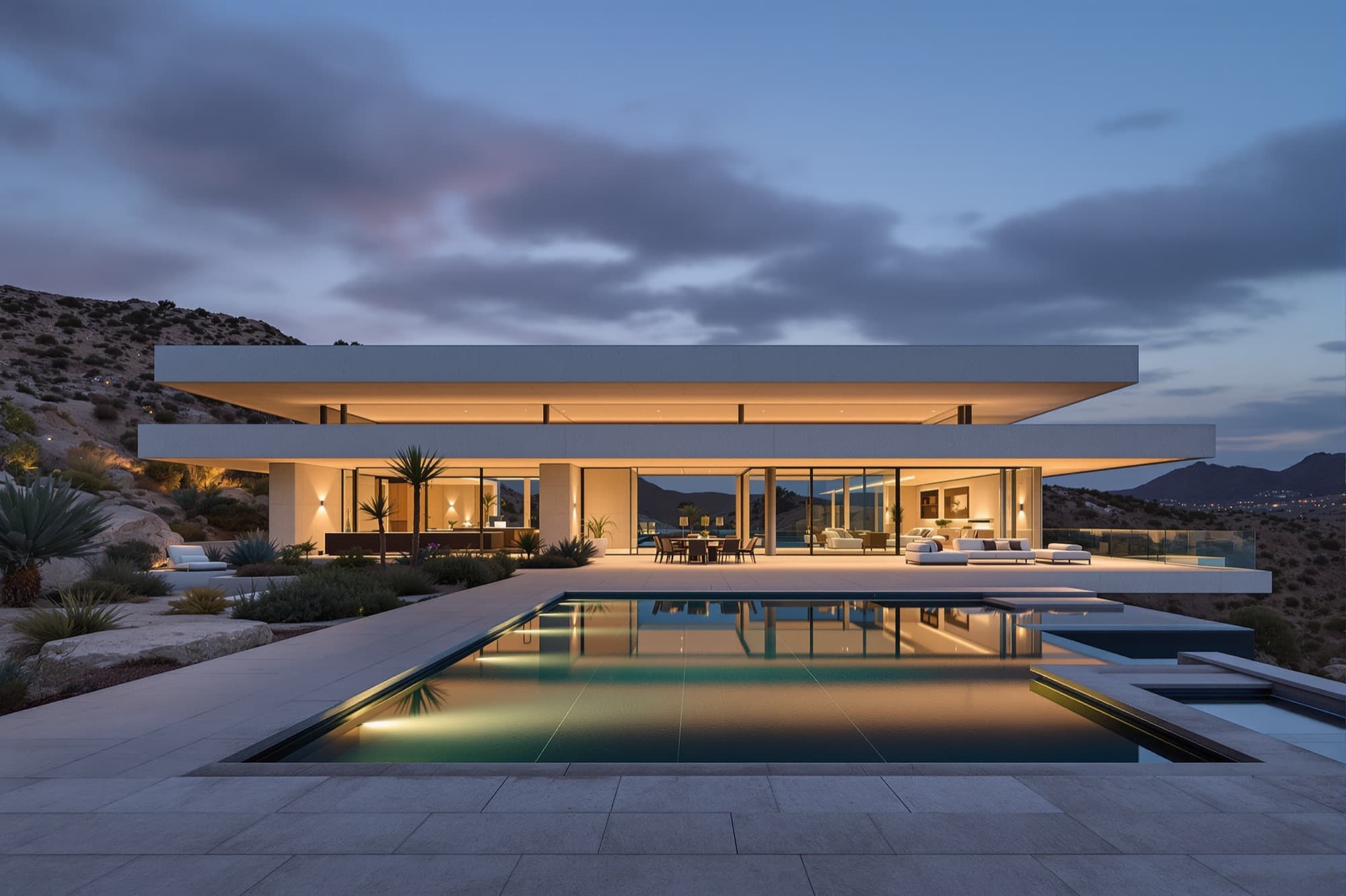 Contemporary limestone and glass luxury residence at dusk with an infinity pool