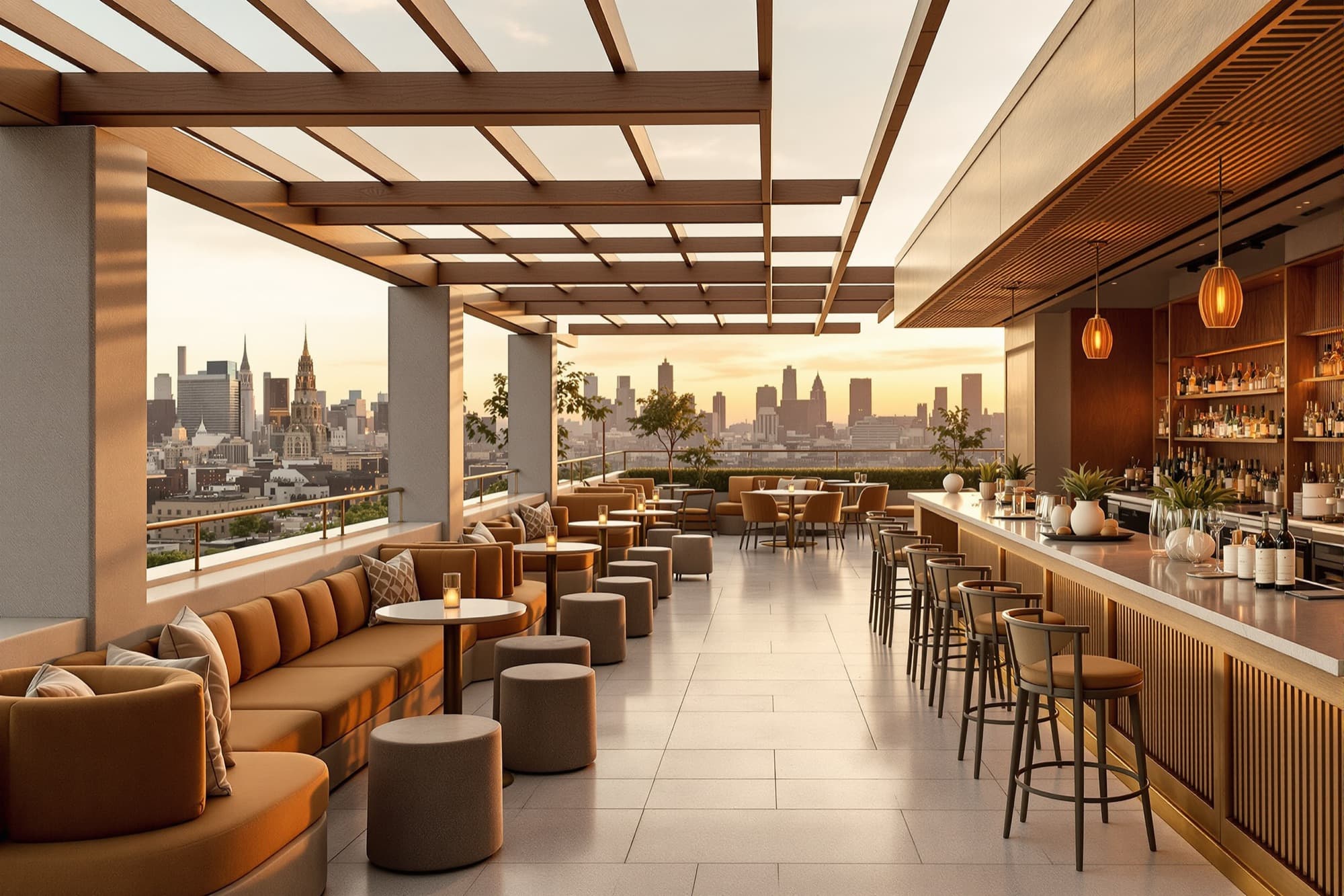 Rooftop hotel restaurant at sunset with bouclé banquettes and a fluted oak bar