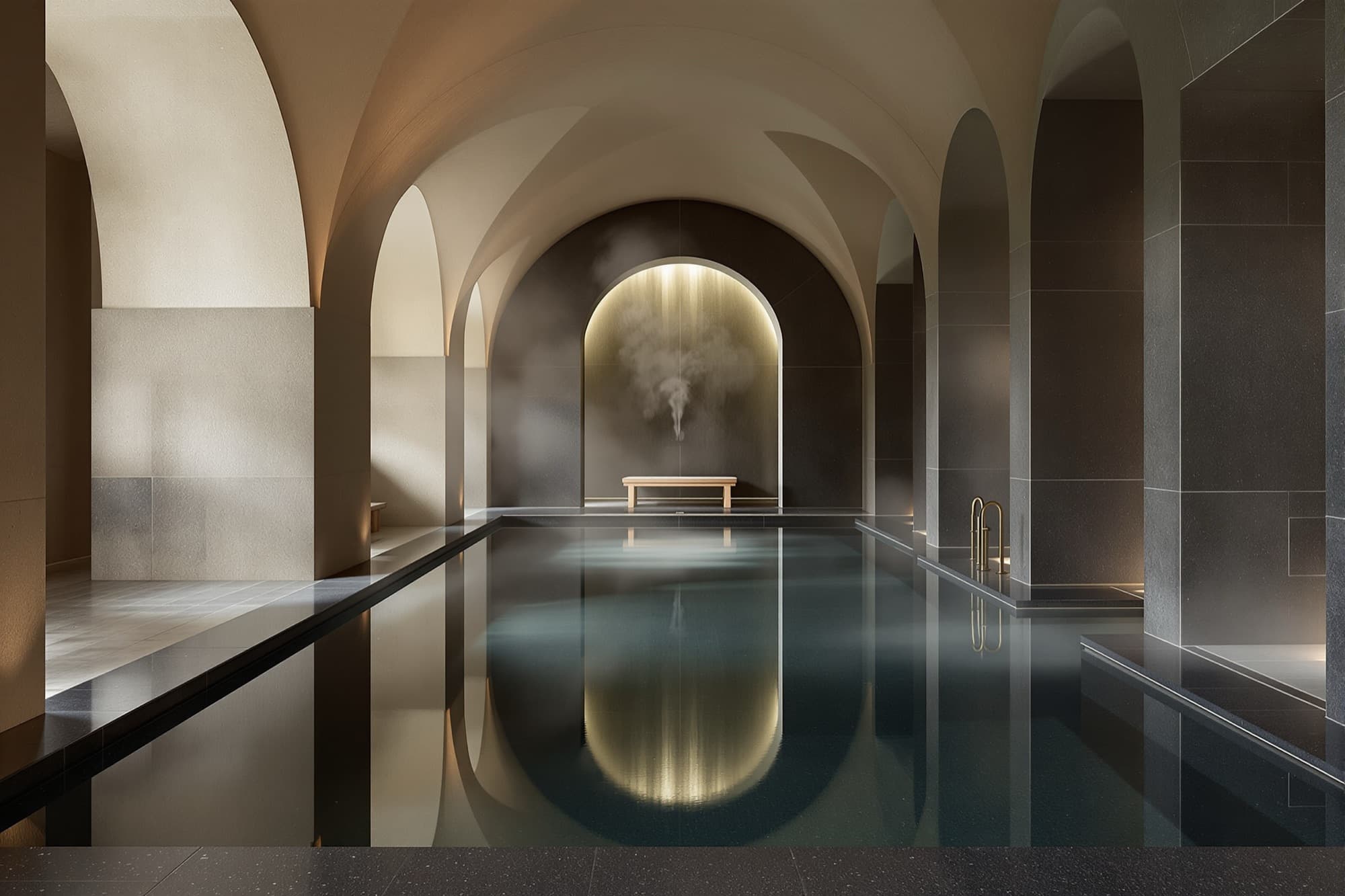 Hotel spa with a dark stone plunge pool, plaster vaults and steam in the air